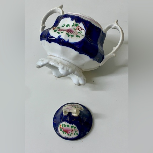 19th Century Vintage Gaudy Welsh Feather Pattern Handled Lidded Sugar Bowl - Picture 16 of 16